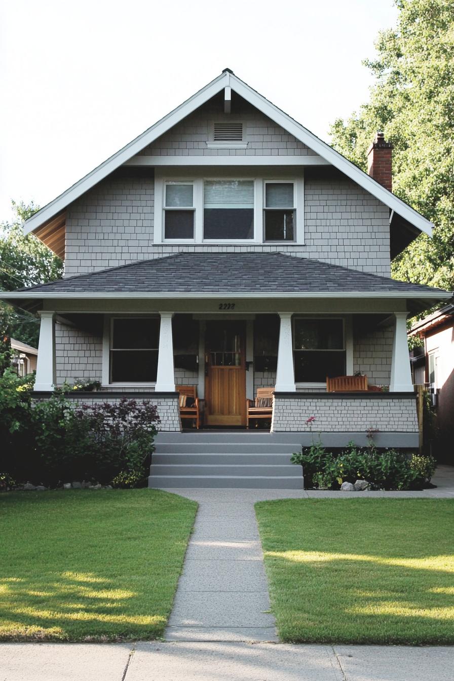 Gray house with a porch and wooden door, surrounded by greenery