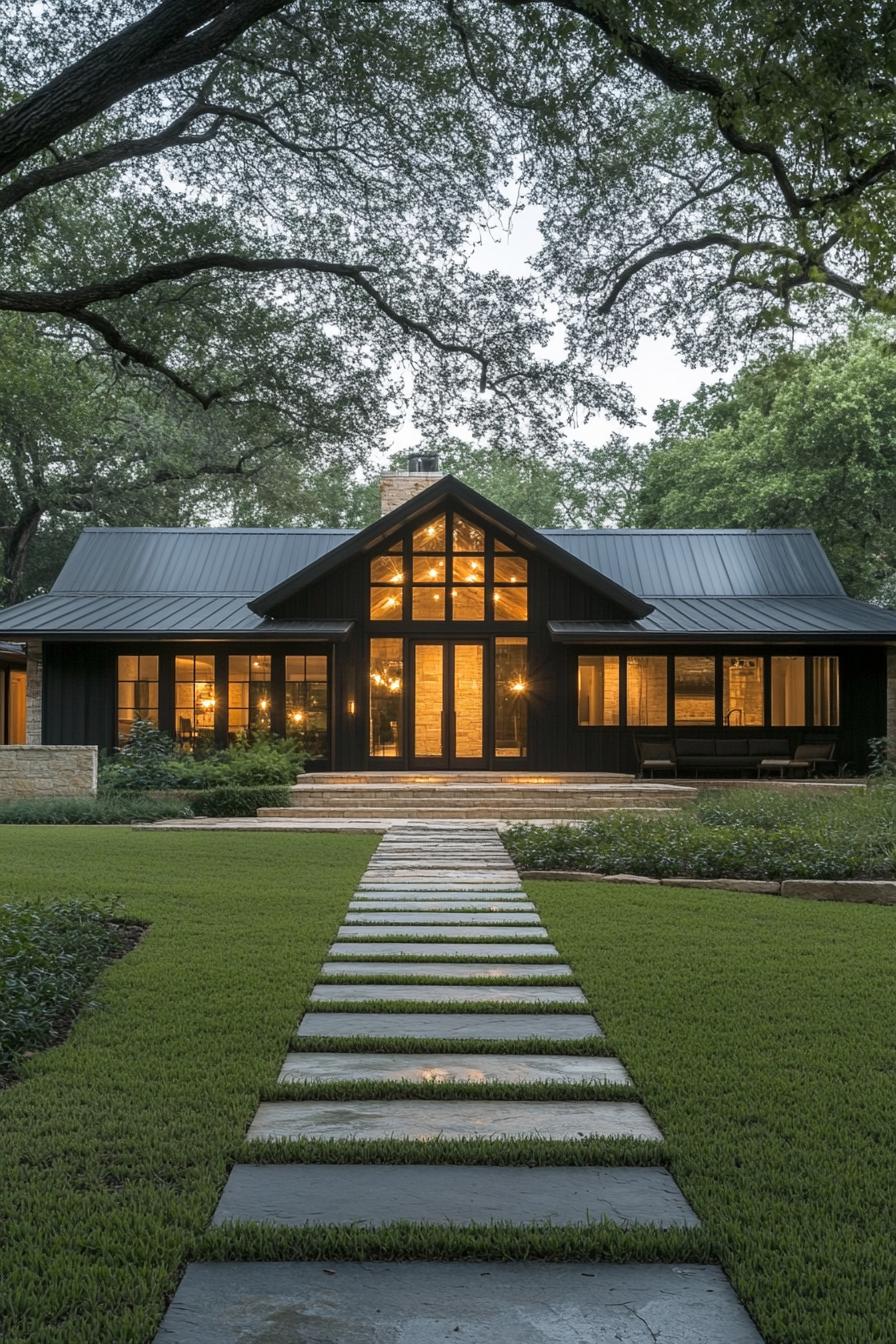 Ranch-style home with glowing windows and stone path