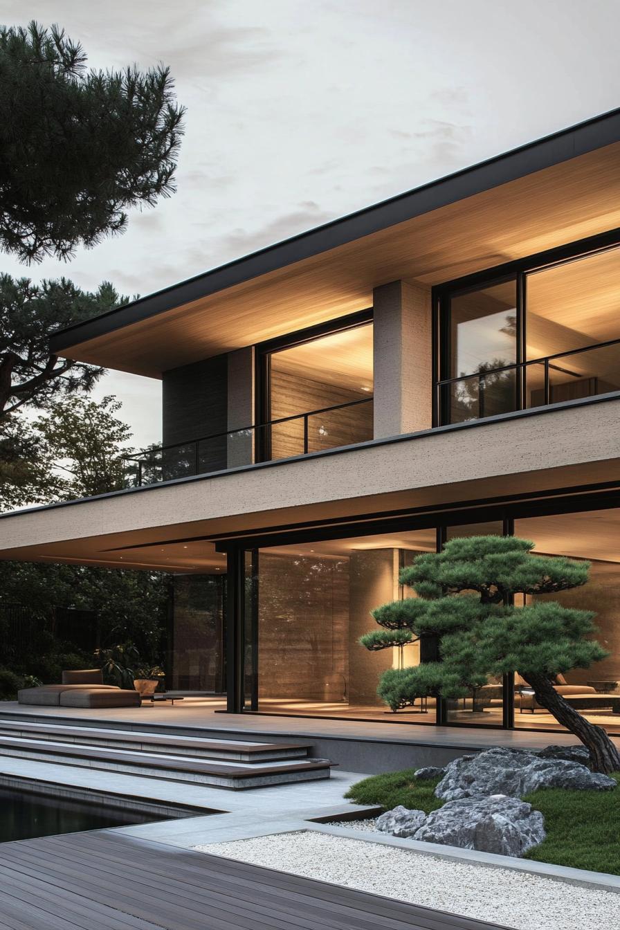 Modern minimalist house with large glass windows, surrounded by trees