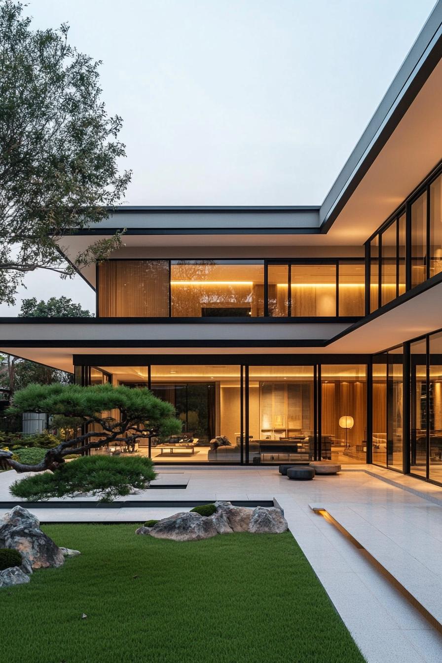 Modern Japanese minimalist house with glass walls and garden