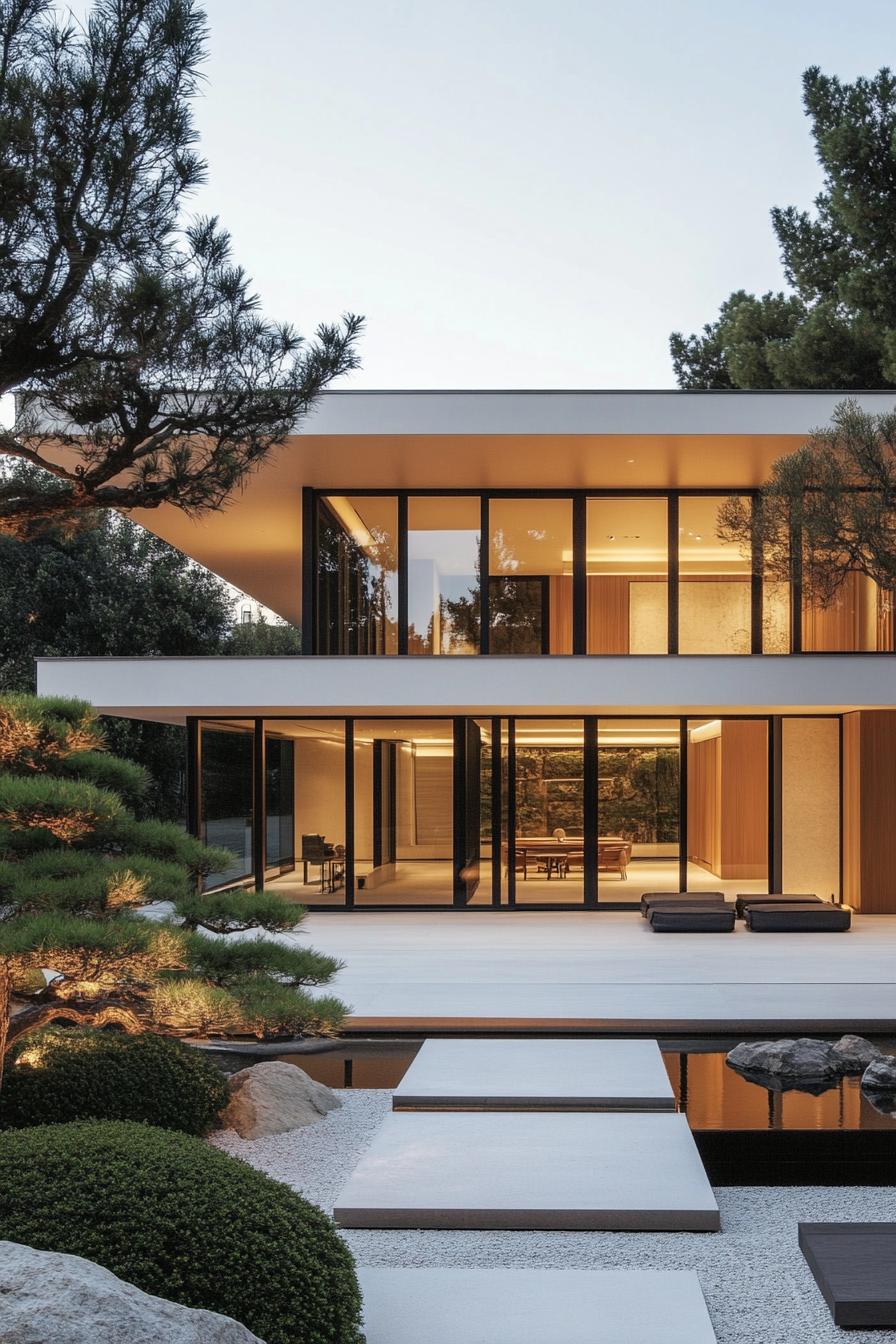 Minimalist house with large glass windows surrounded by nature