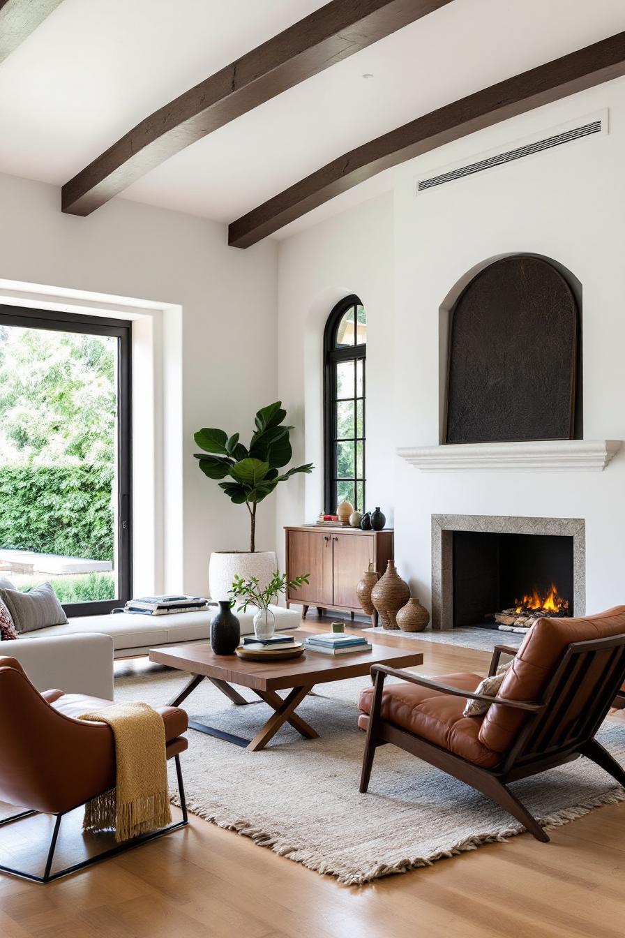 Bright and airy Spanish-style living room with a cozy fireplace