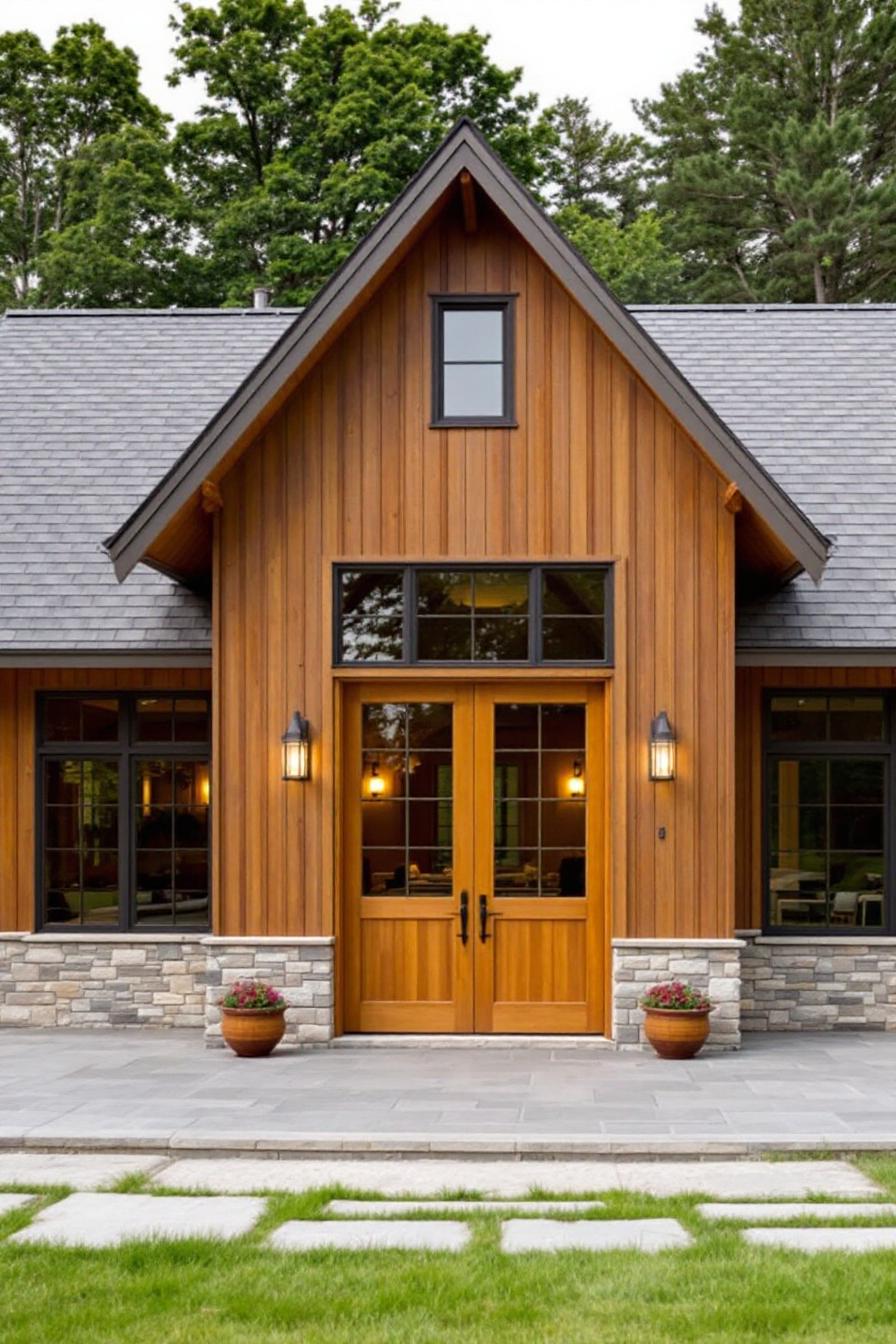 Craftsman-style home with wooden facade and stone accents