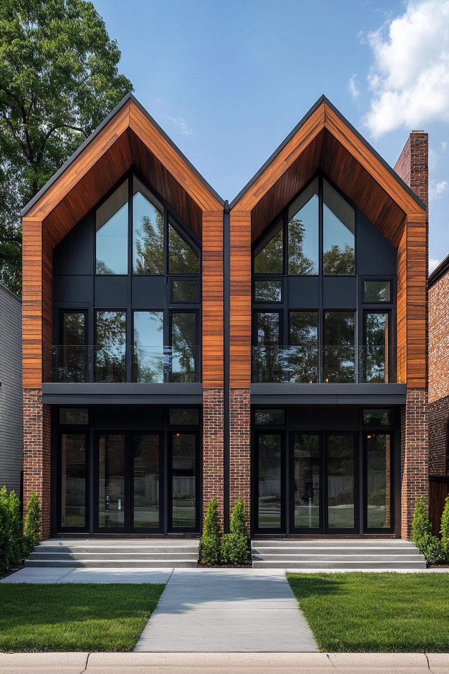 Modern duplex with gabled roofs and glass fronts