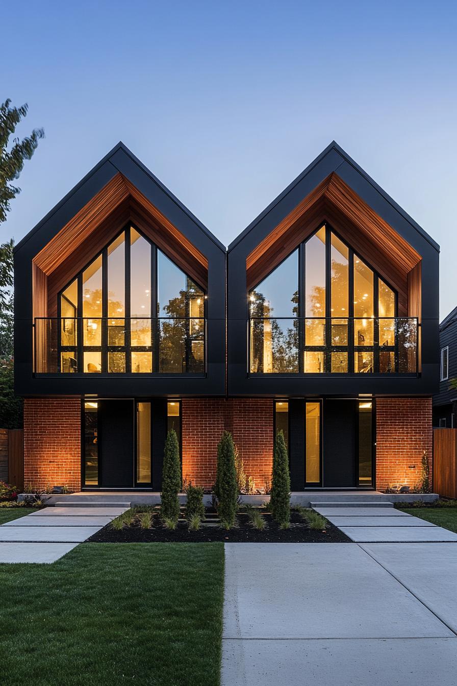 Modern duplex with gabled roofs at sunset