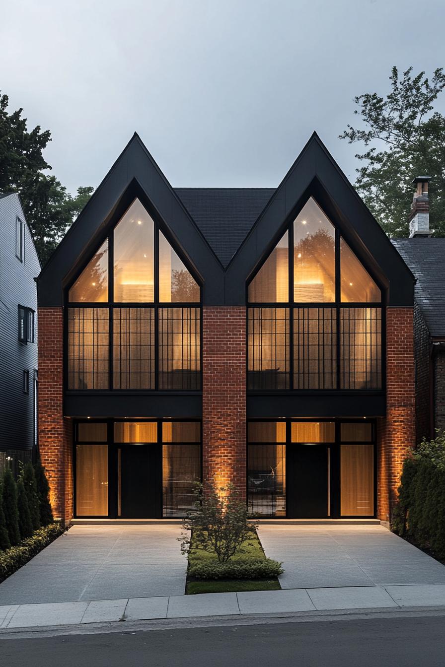 Glowing brick duplex with gabled rooflines