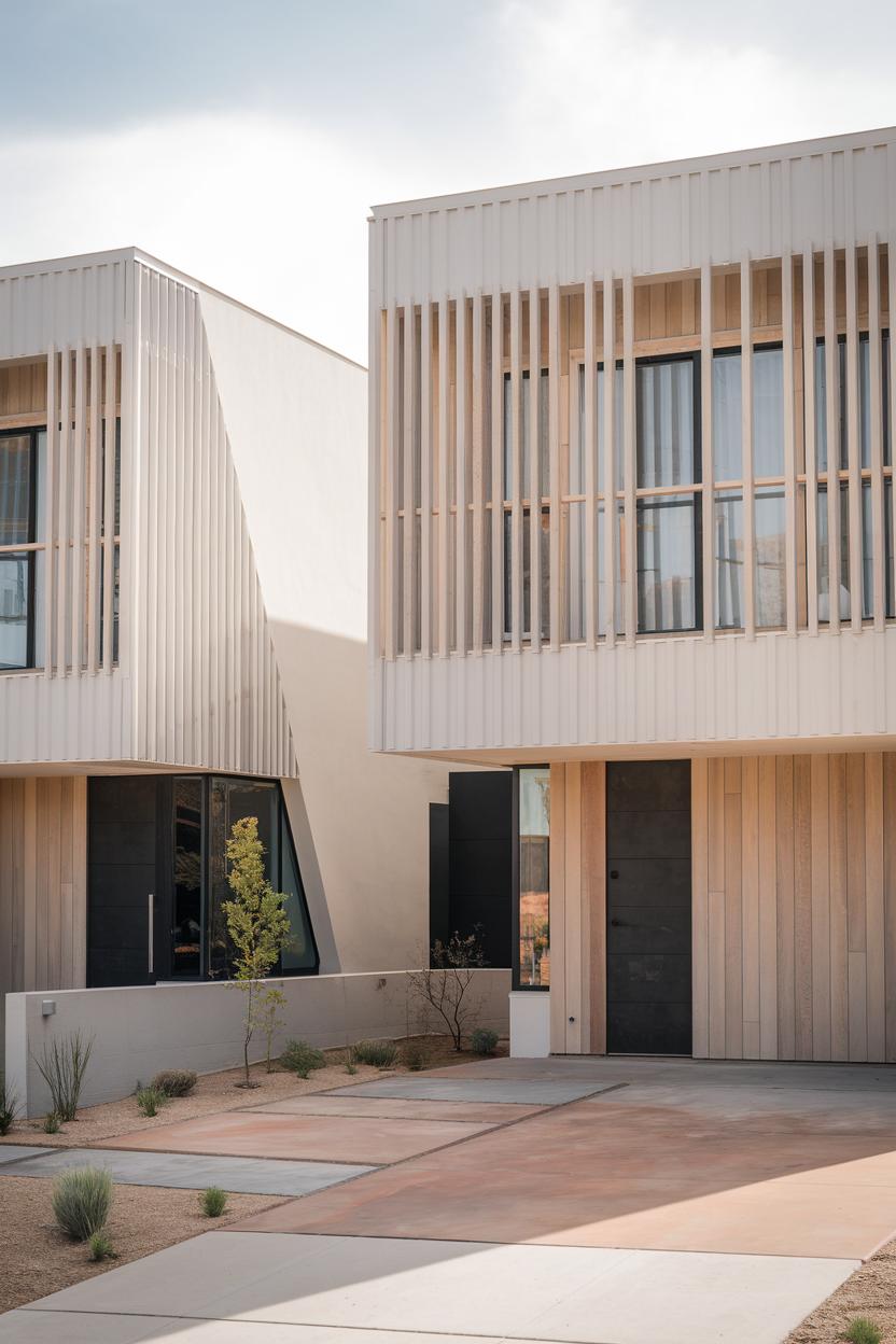 Modern duplex with sleek lines and white facade