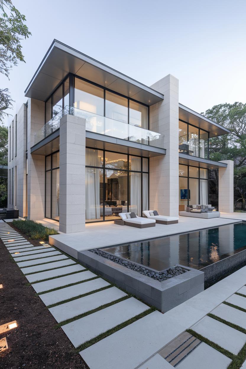 Modern house with large windows and a reflecting pool