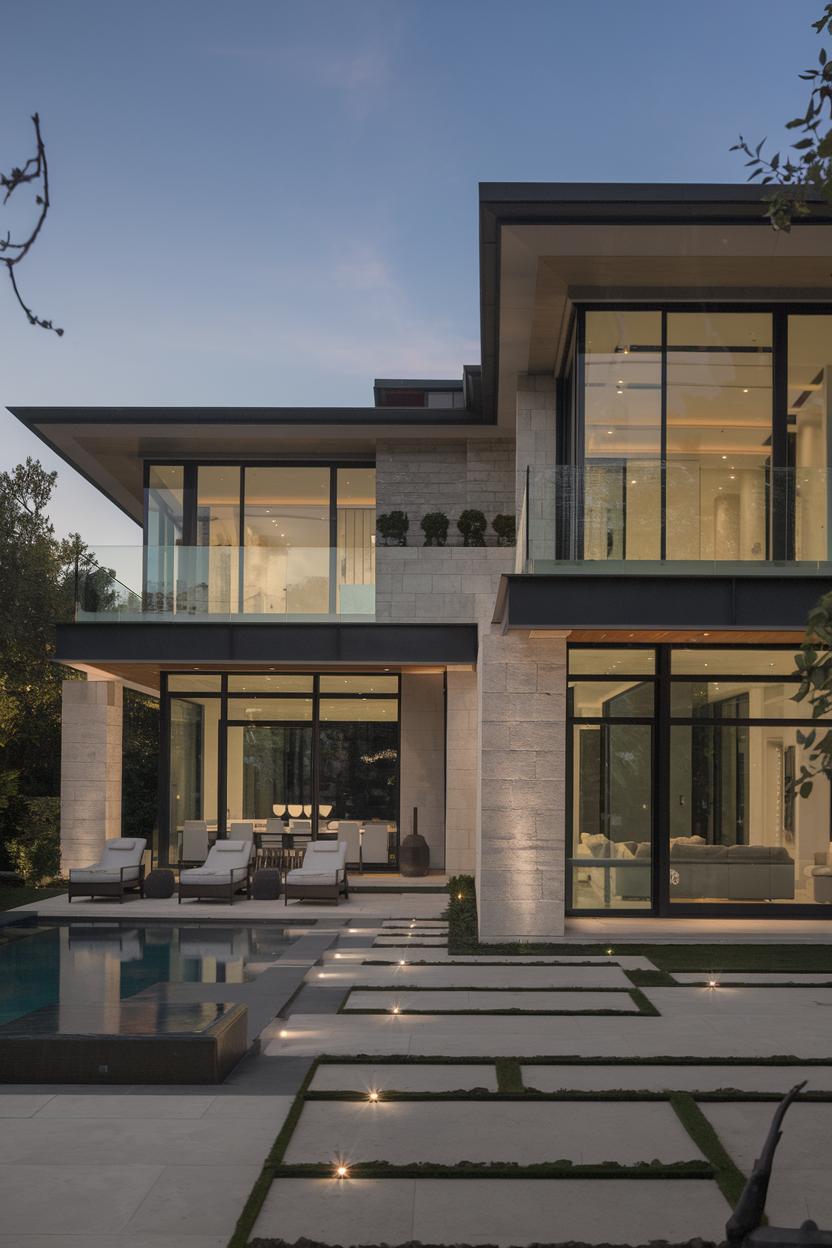 Modern house with large glass windows and a lit pool area