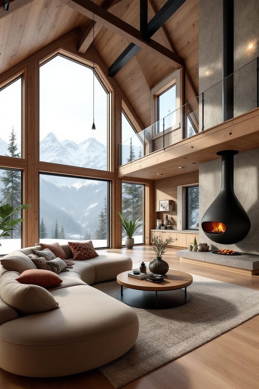 Modern cabin living room with large windows and mountain views