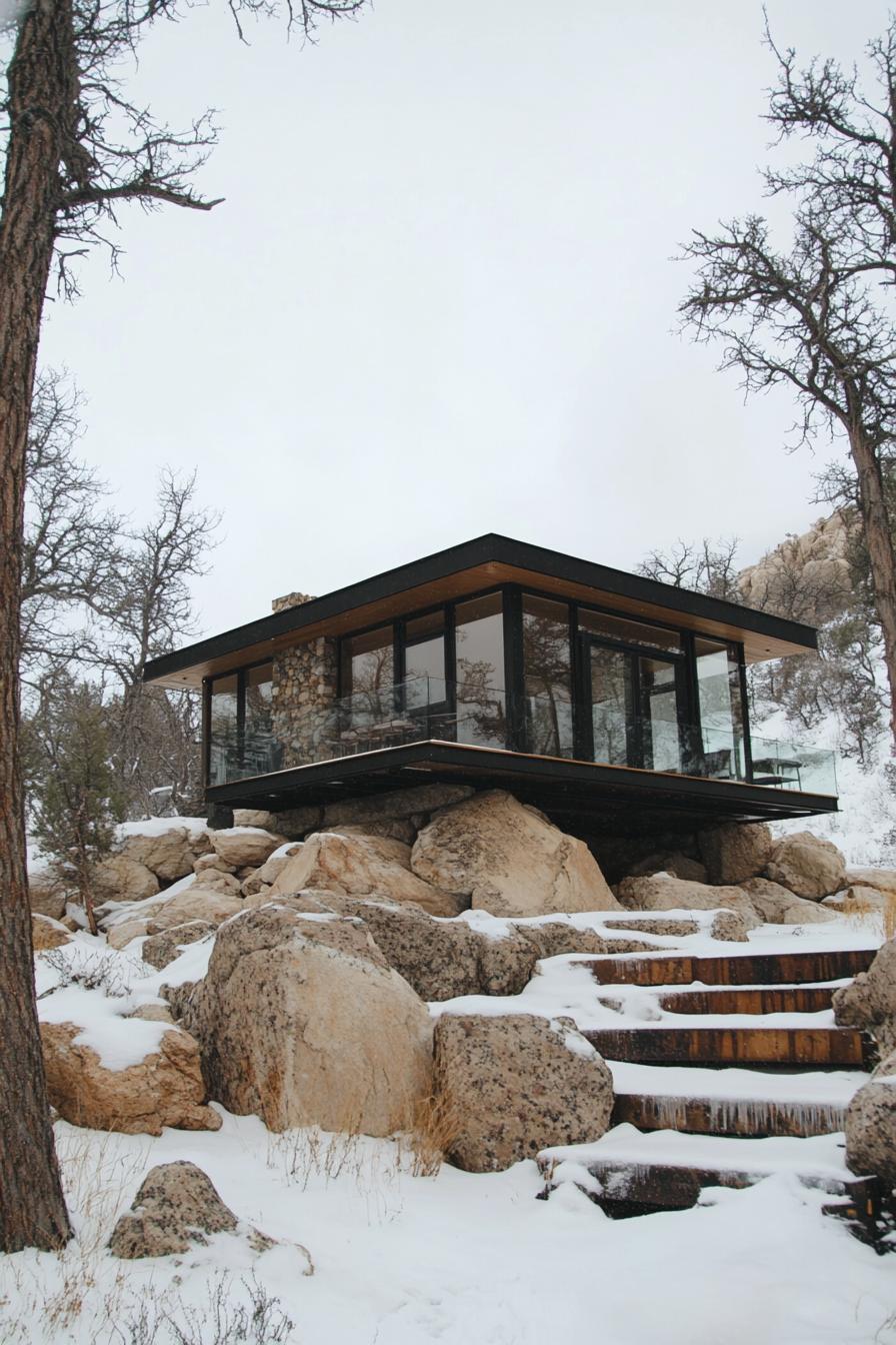 Glass-paneled retreat sitting atop snowy boulders