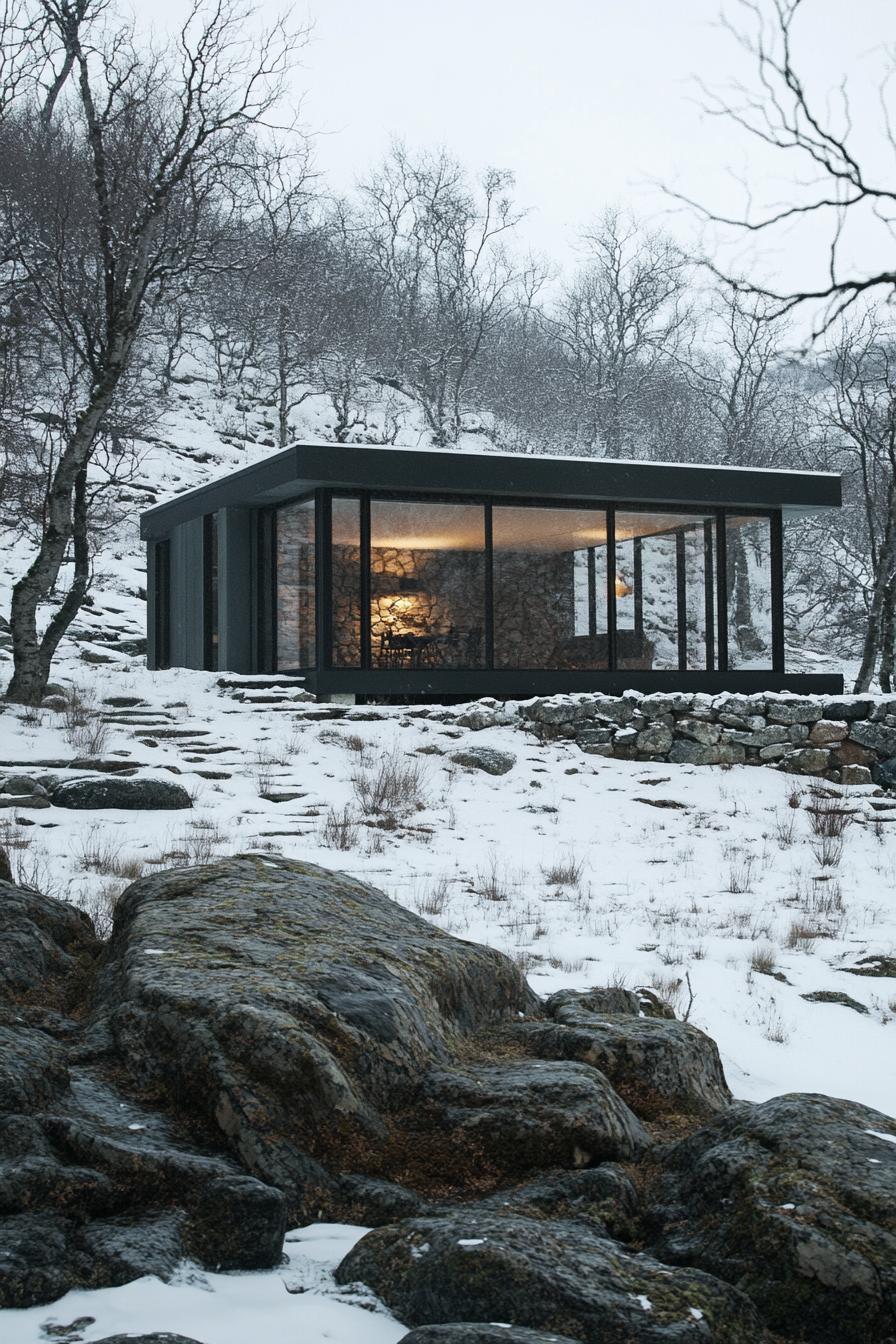 Modern cabin with large glass windows in a snowy forest