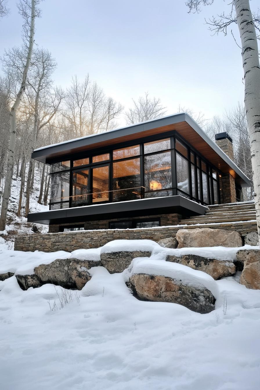 Modern cabin with large windows overlooking a snowy landscape