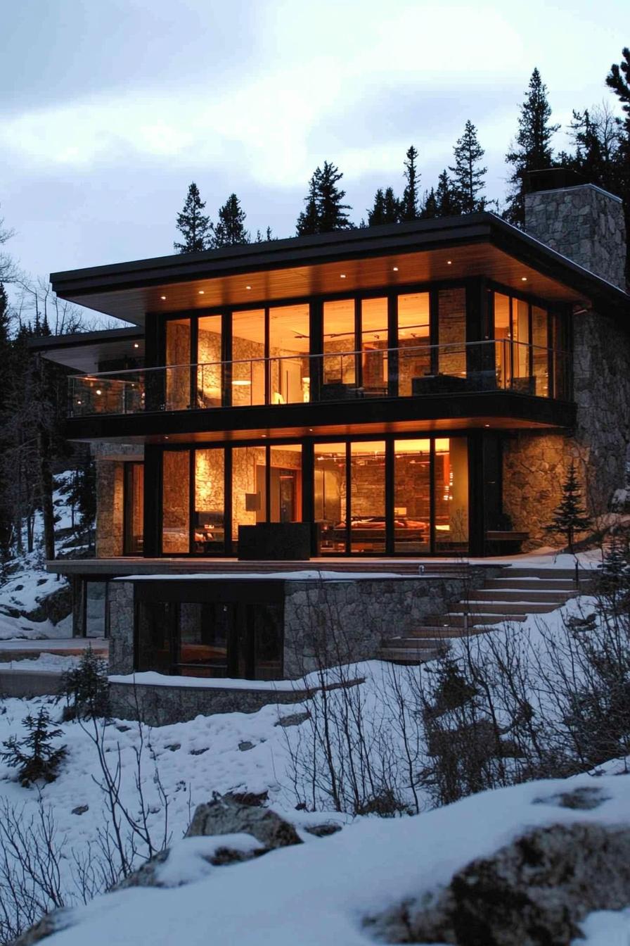 Glass-fronted mountain cabin illuminated in the snow