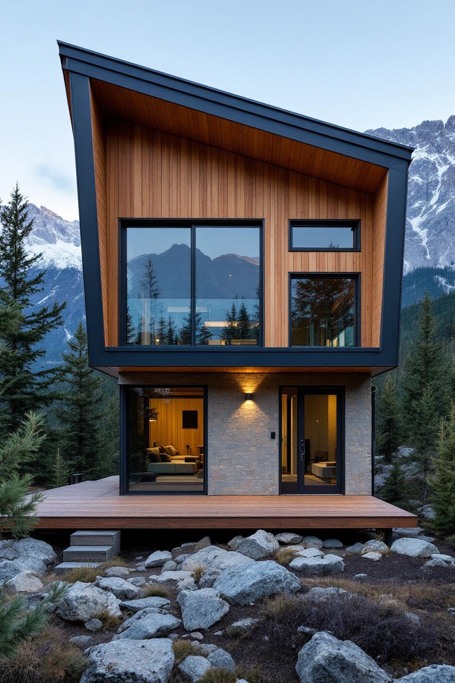 Tall wooden cabin with large windows amidst a rocky landscape