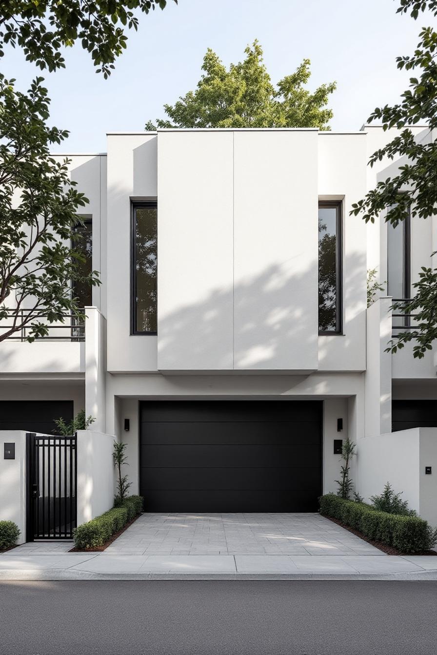 Modern white townhome with black garage door