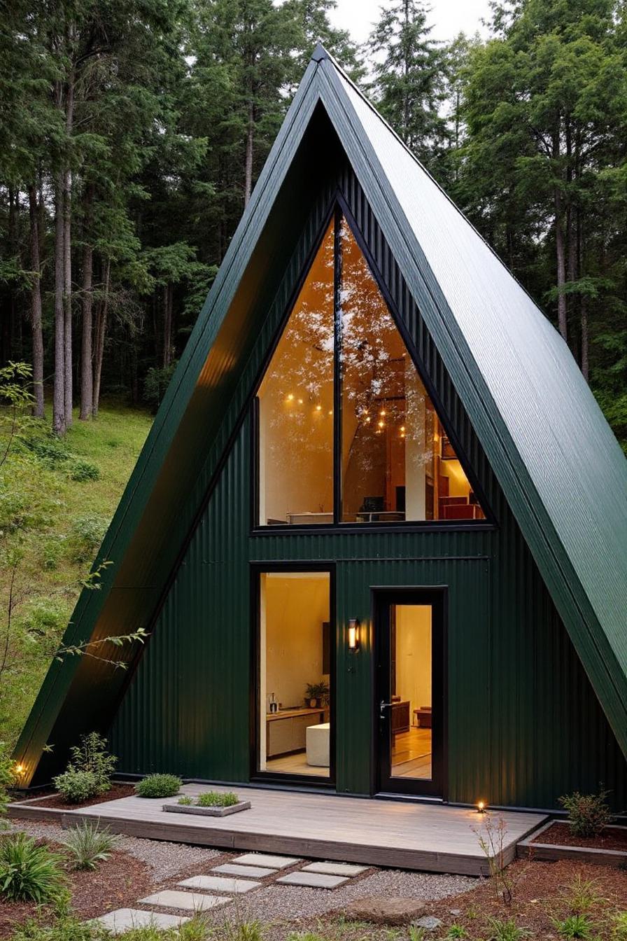 A sharp A-frame house nestled in the woods