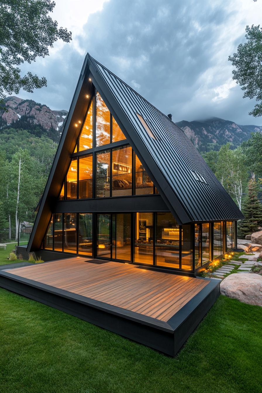 Contemporary A-frame house with glowing interior lights