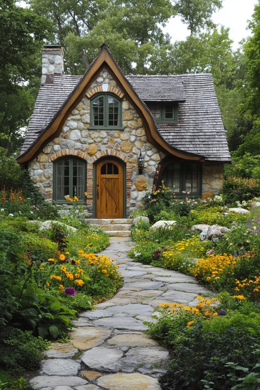 Cottage surrounded by lush gardens and stone pathway