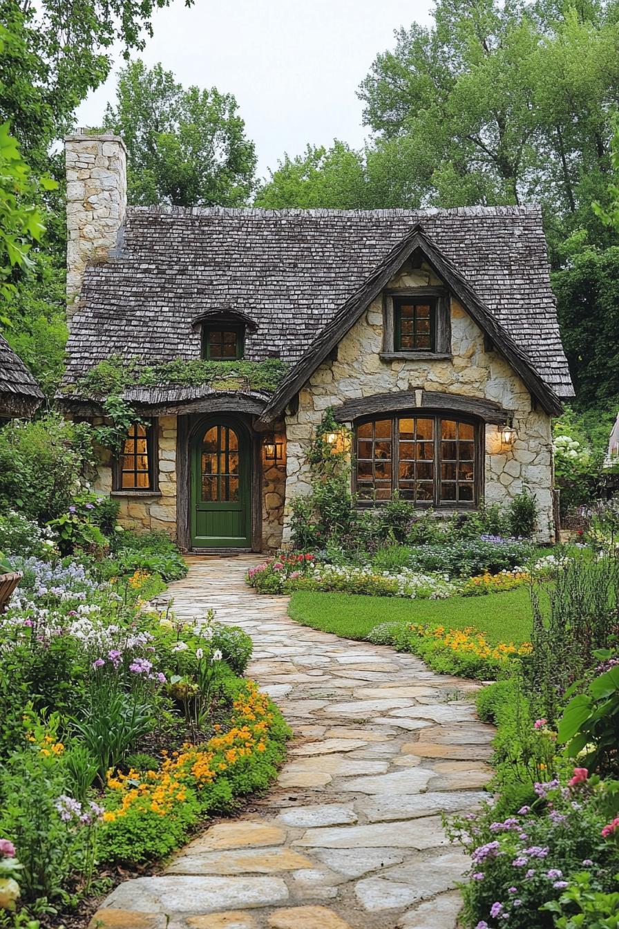 Cozy stone cottage surrounded by lush, colorful gardens