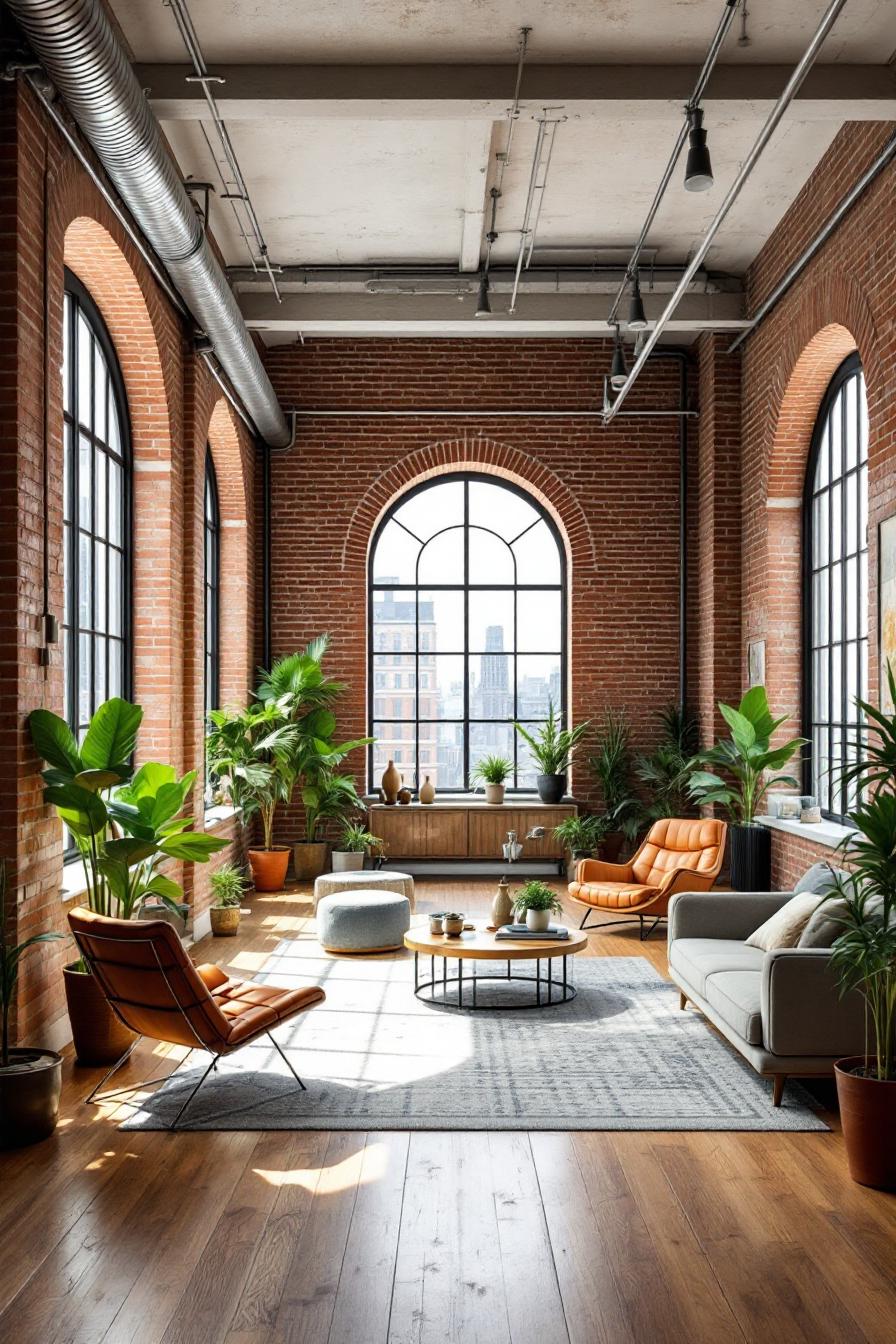 Loft space with large arched windows, plants, and cozy seating