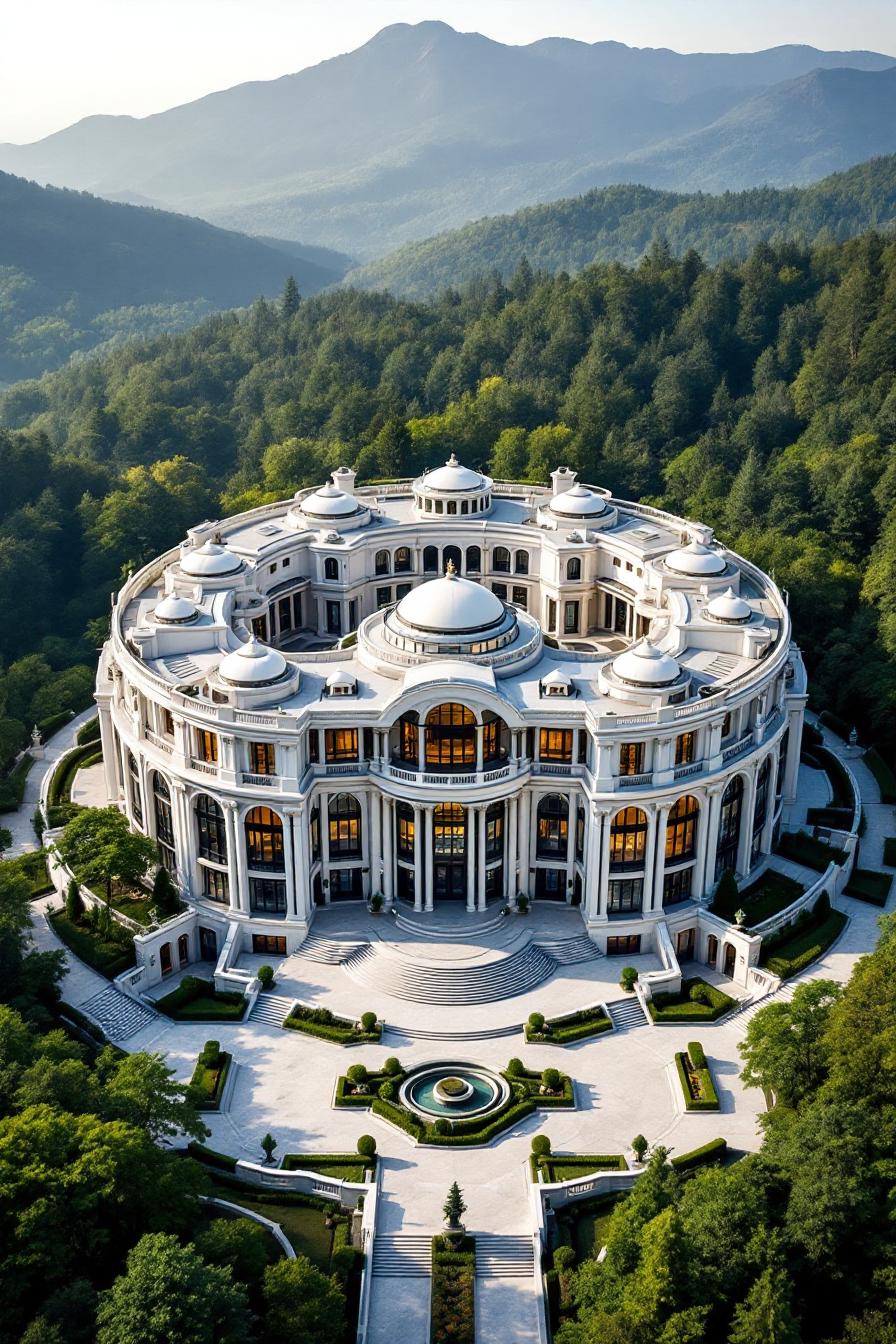 Grand circular mansion with domed roofs amidst lush greenery