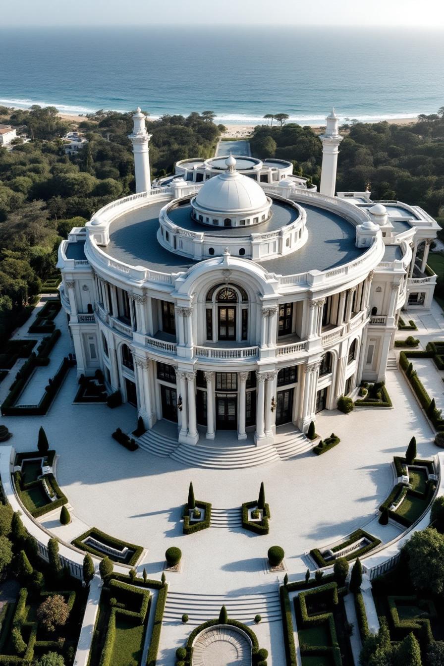 A grand, domed mansion with ocean views