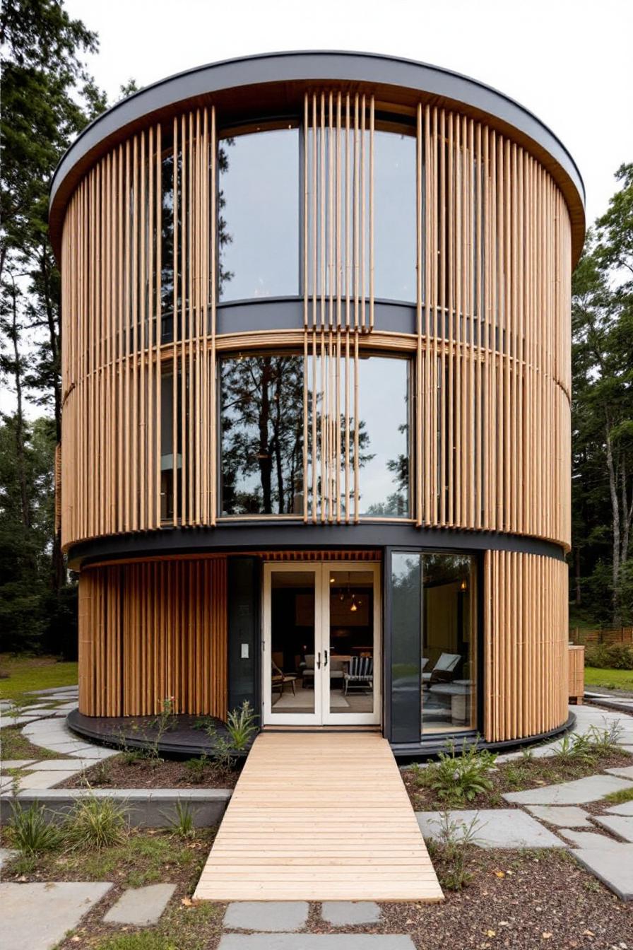 Round bamboo house with glass panels surrounded by trees