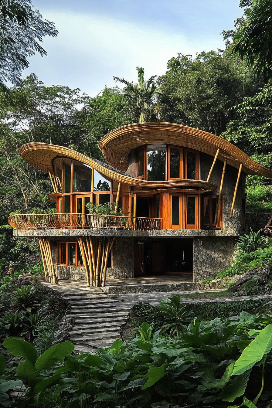 Unique bamboo house with curved roofs nestled in lush greenery