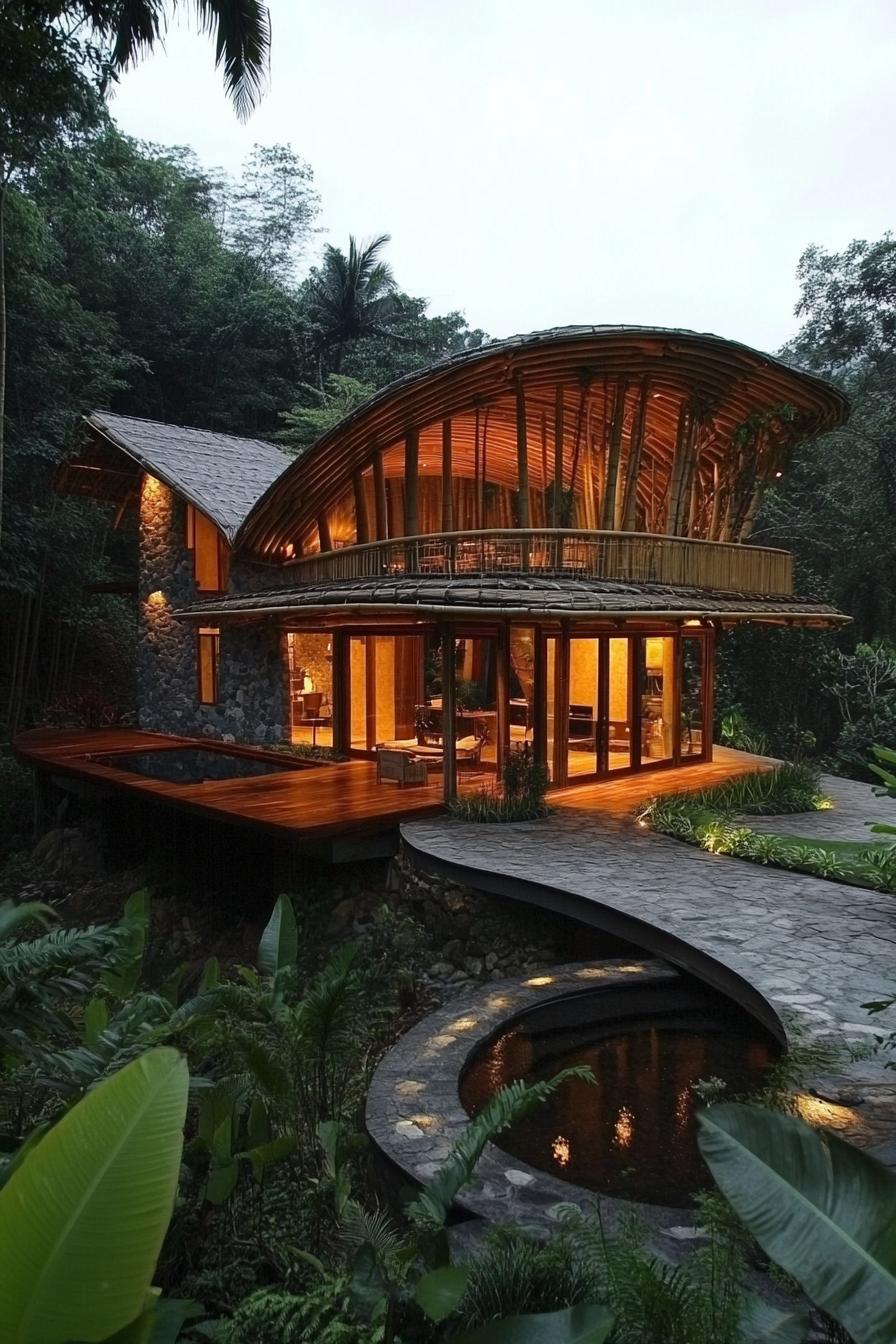 Elegant bamboo house nestled in lush greenery