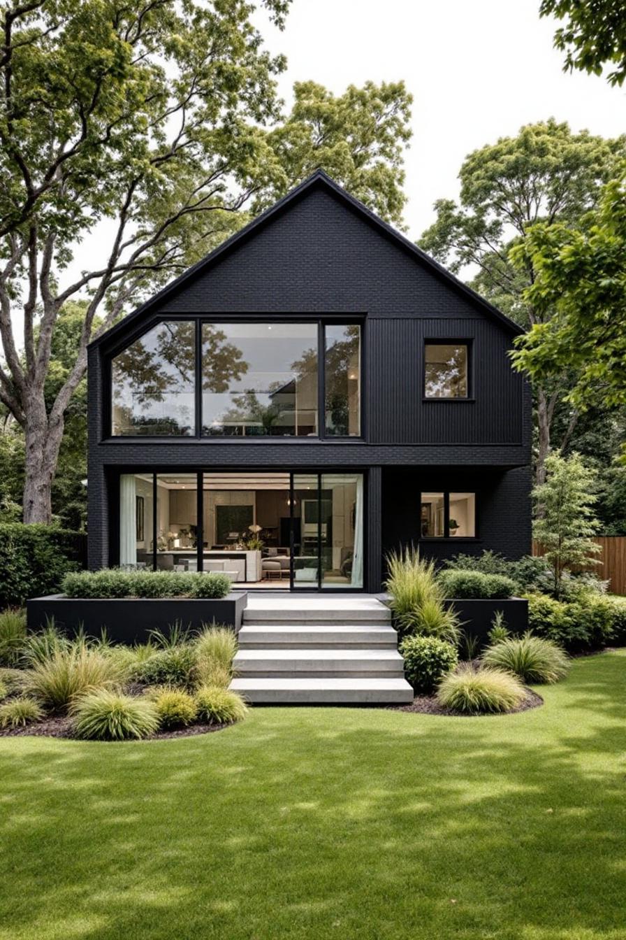 Modern black house with large windows and surrounding greenery