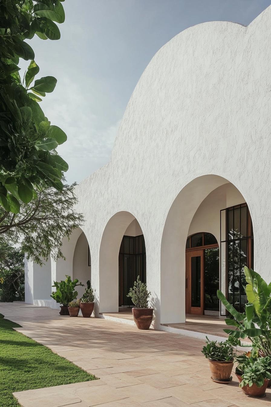 White villa with grand arches and greenery