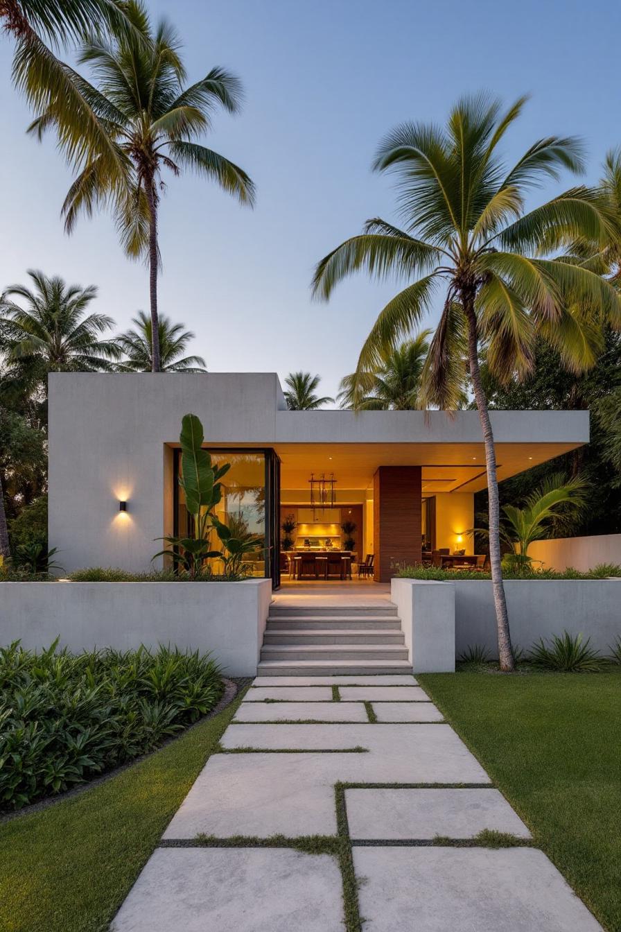 Modern villa framed by tall palm trees