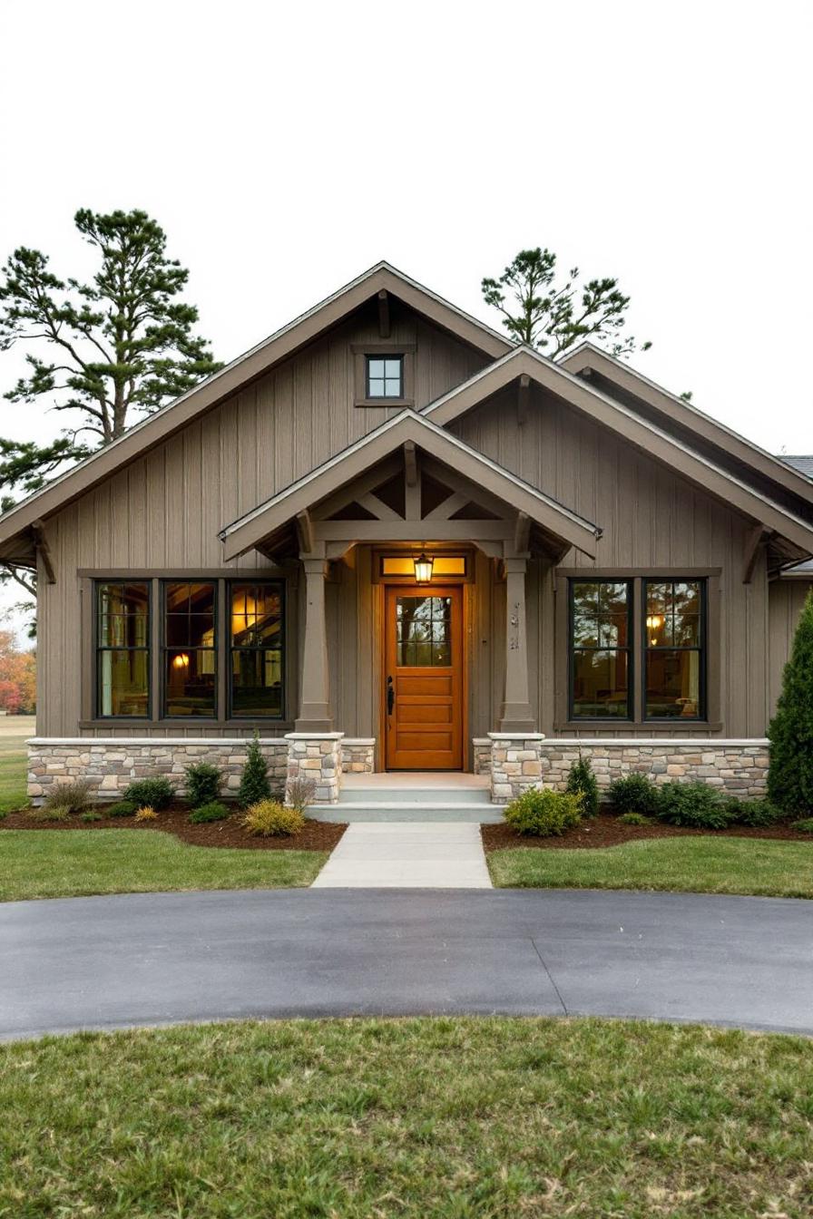 Cozy craftsman farmhouse with a stone foundation and warm wooden accents