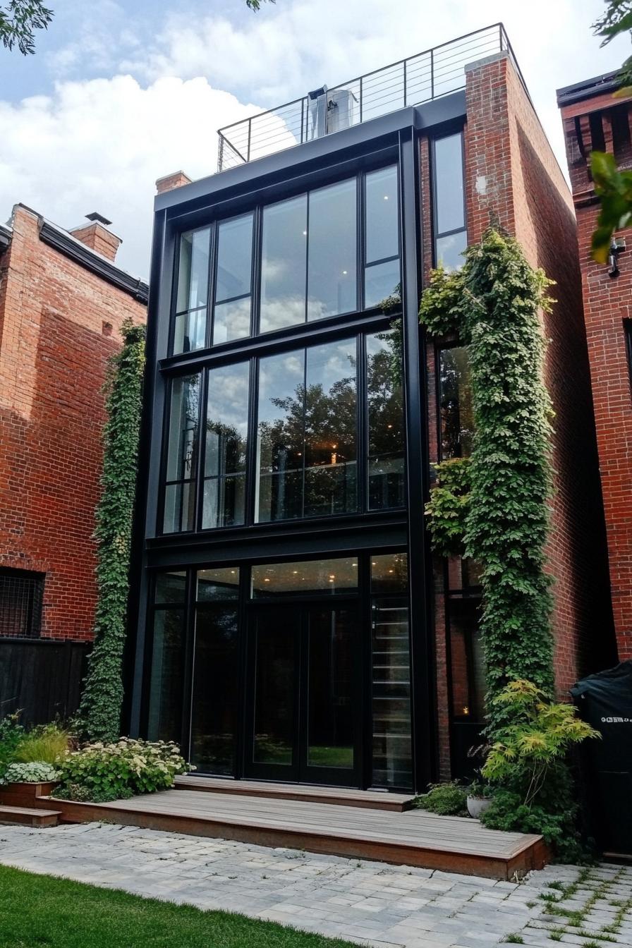 Modern brick house with large glass windows and vertical greenery