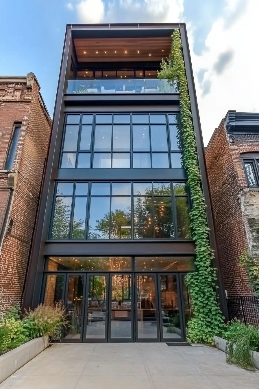 Tall modern building with glass facade and greenery