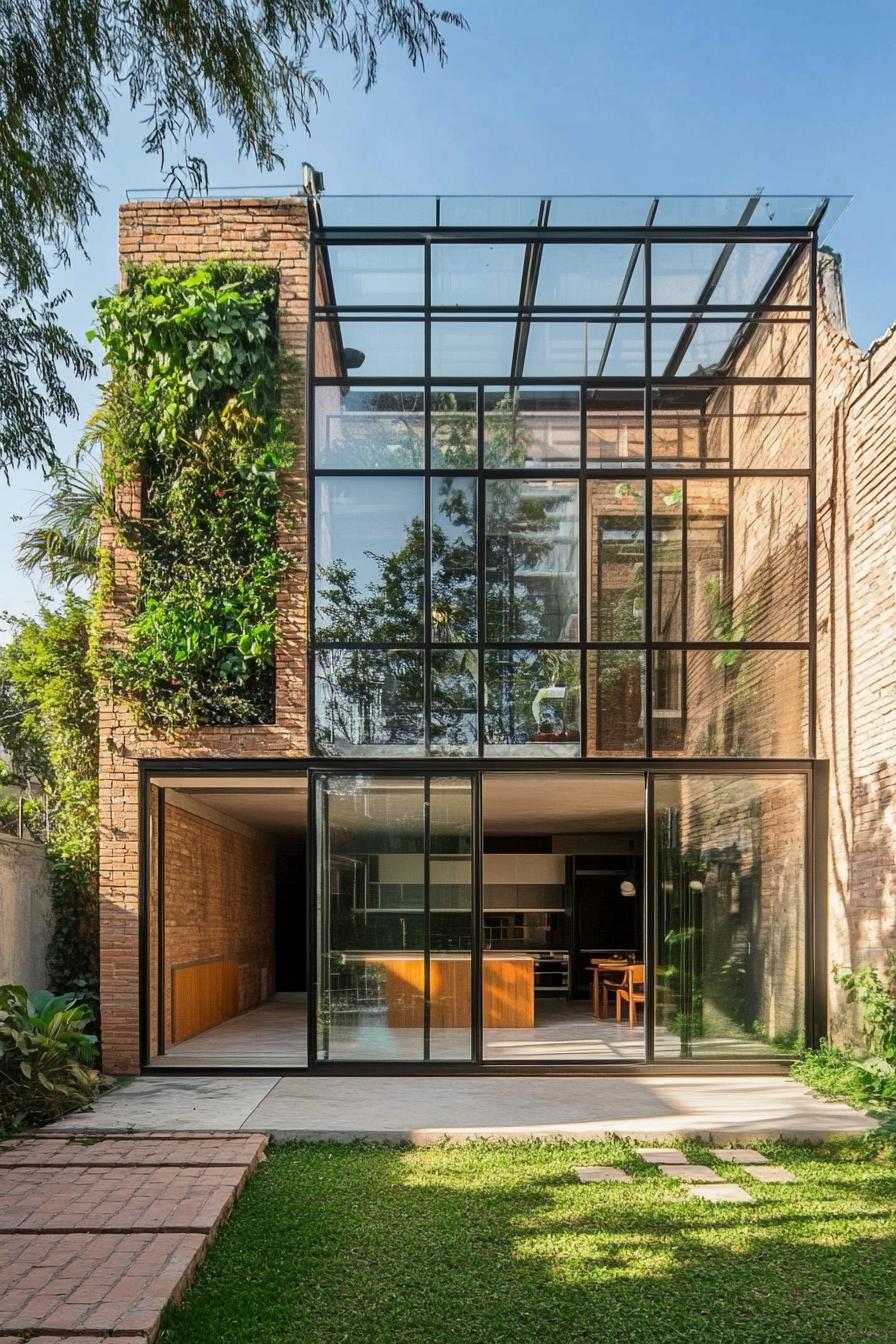 Modern house with large glass facade and brick walls