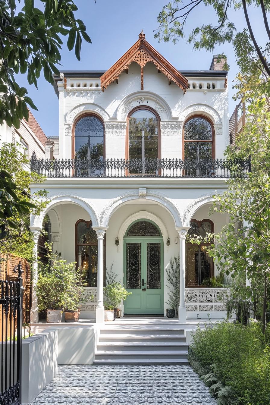 Grand Victorian house with intricate details and lush greenery