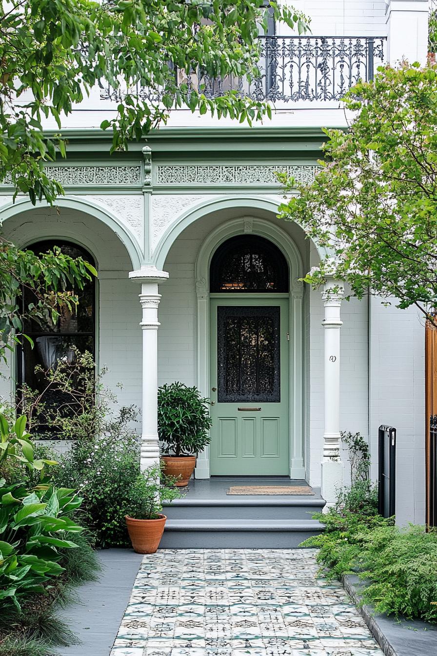 Beautiful Victorian house entrance with green door and archways