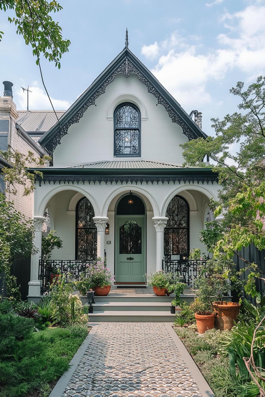 Victorian-style house with charming arches and lush garden