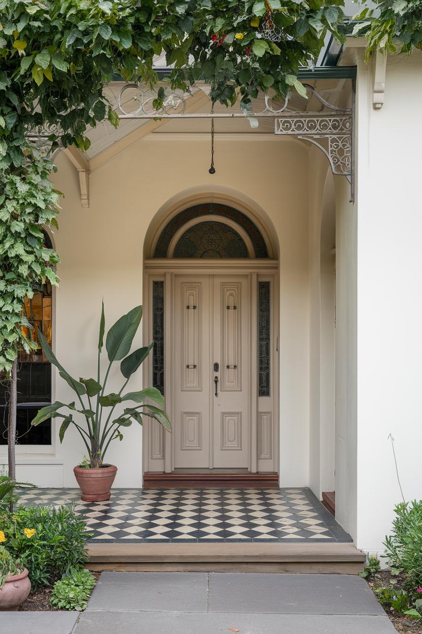 Victorian entrance framed by greenery