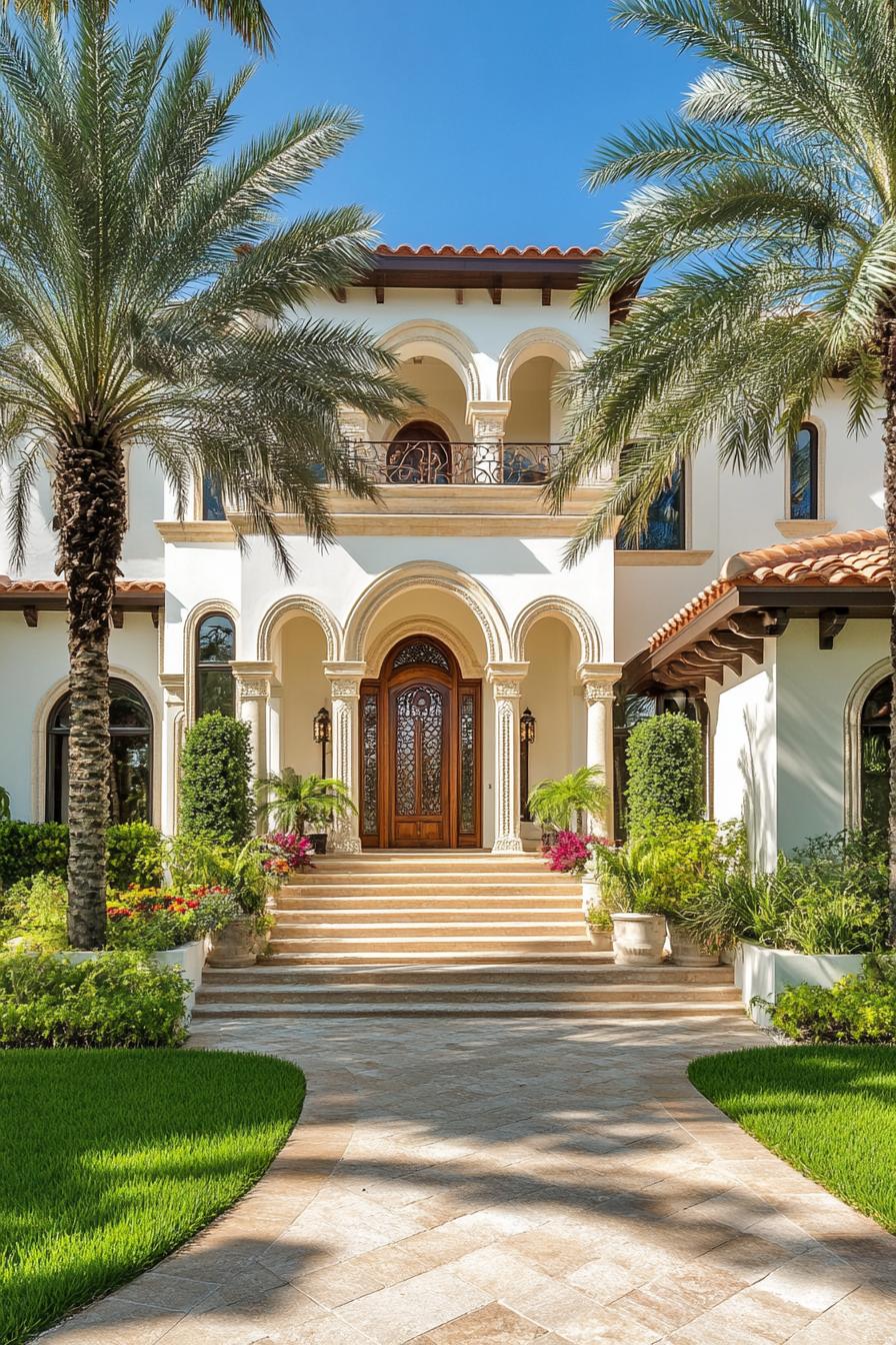 Elegant façade with arches and palm trees