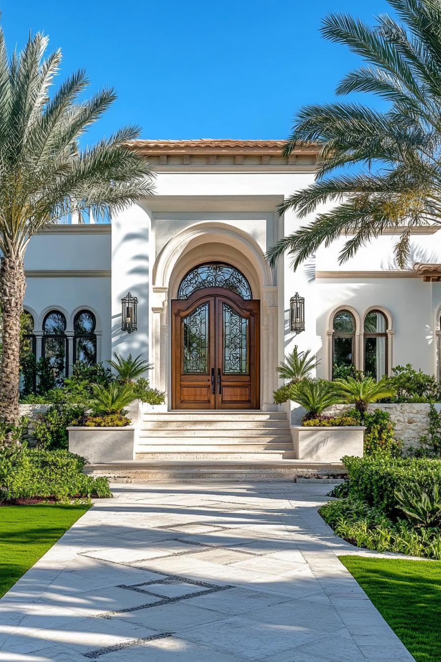 Elegant entrance with arches and greenery