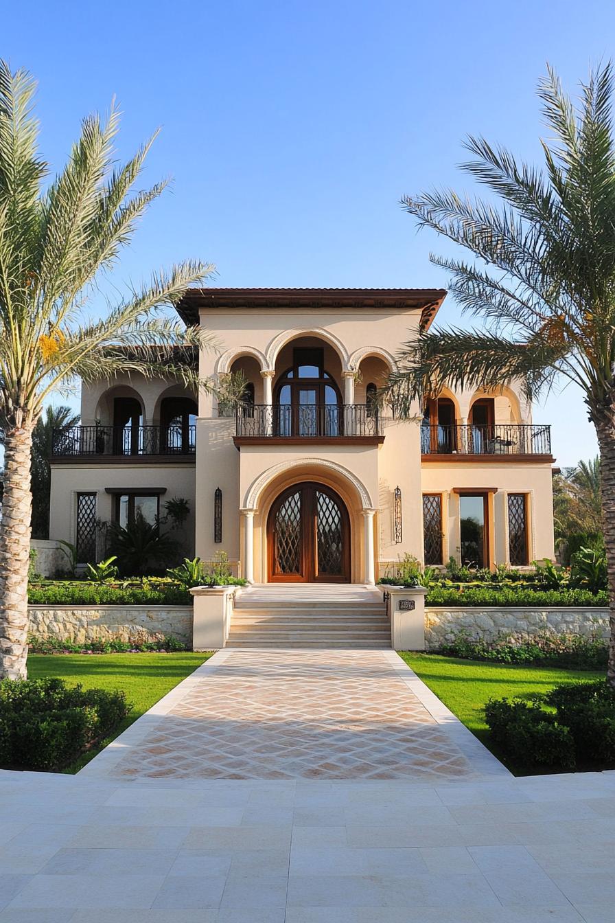 Elegant house with tall arches and palm trees