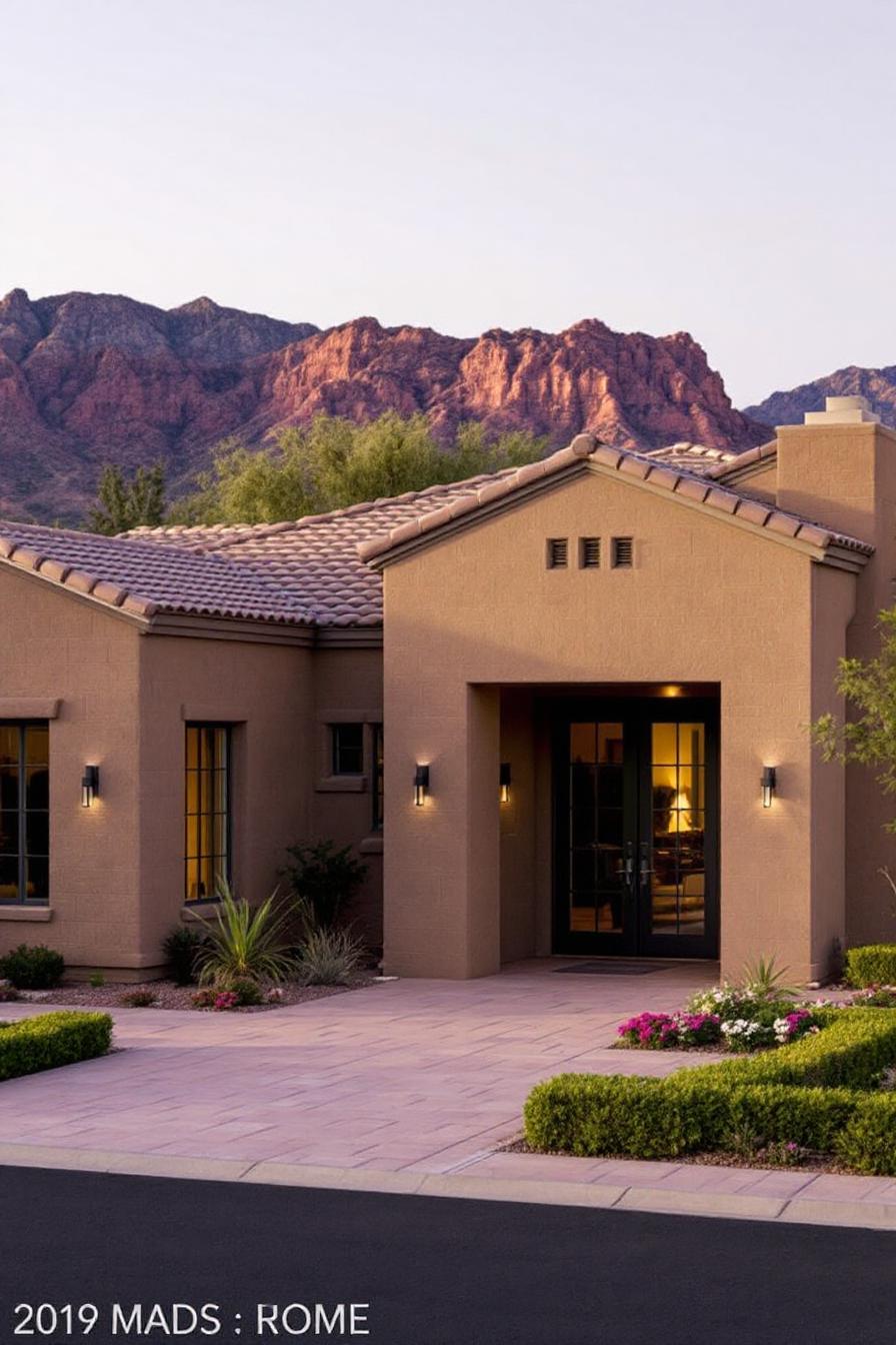 Adobe-style home with mountain backdrop