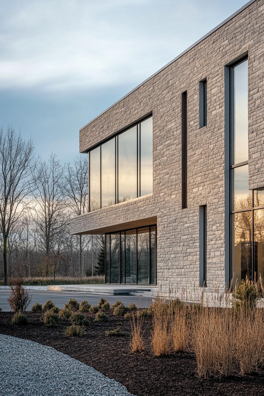 Modern stone facade with large glass windows