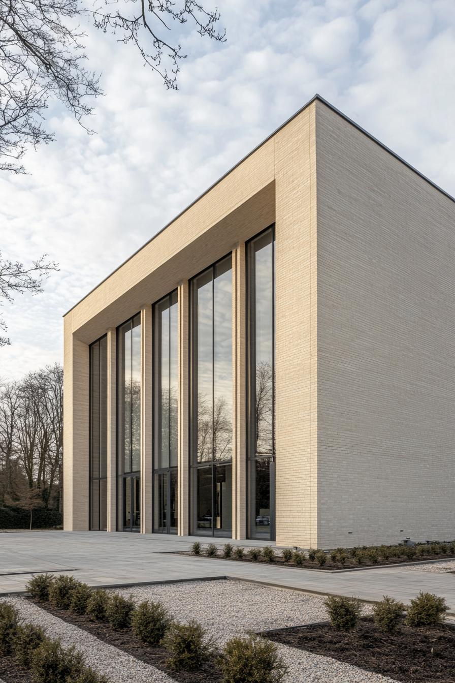 Modern building with tall glass panels and brick facade