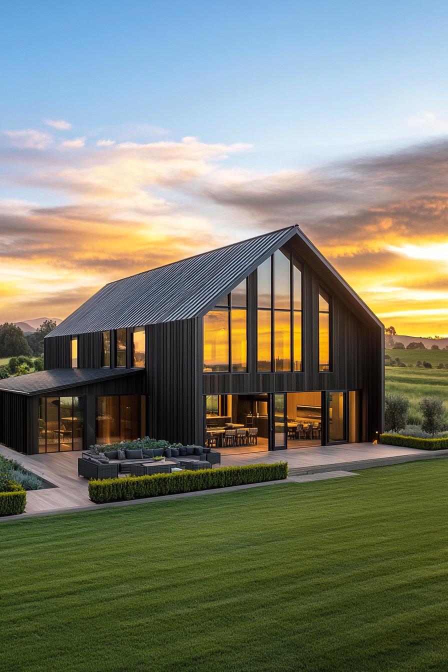 Modern house with sloped roof and glass façade at sunset