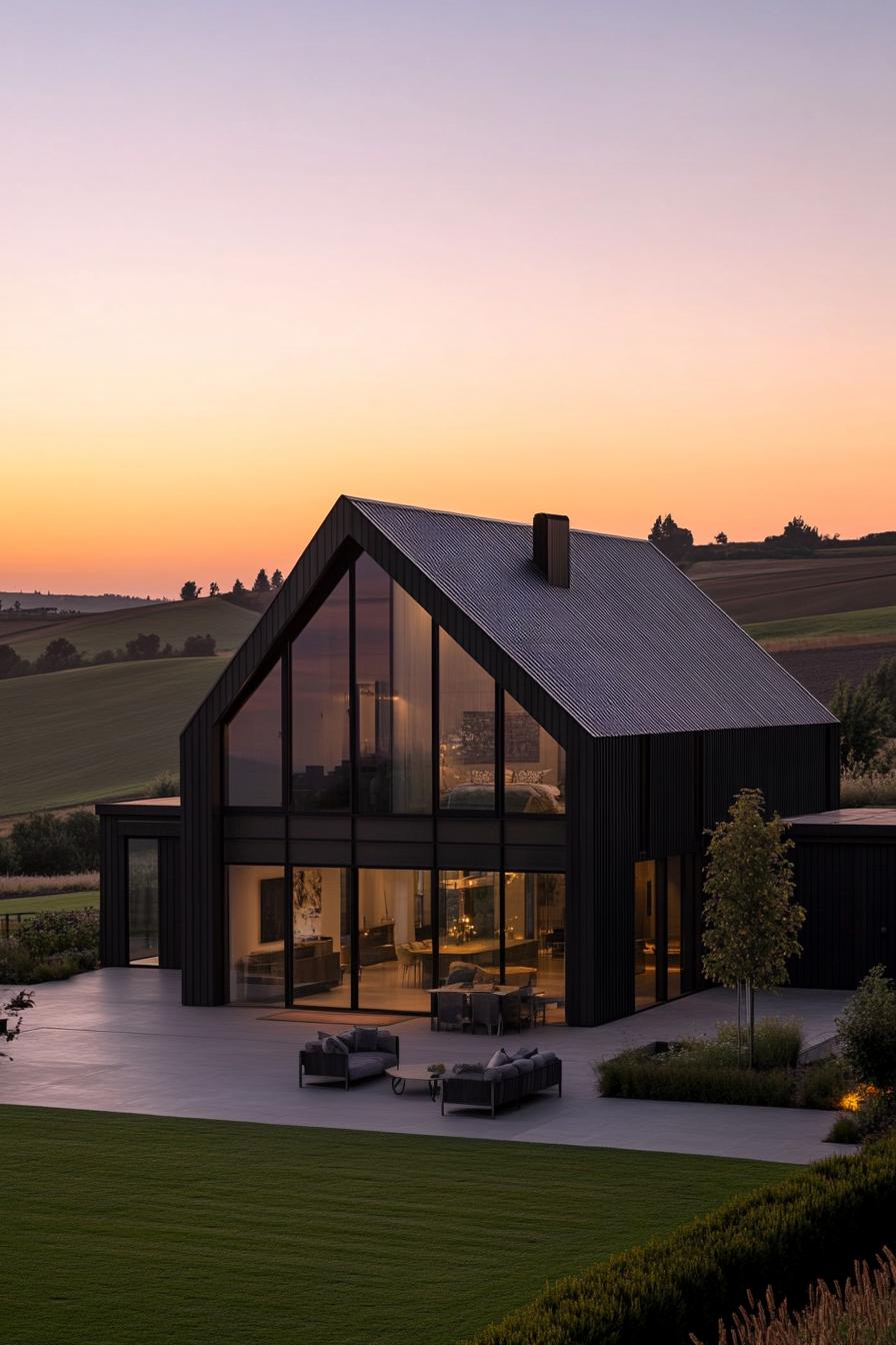 Modern house with large glass facade and sunset backdrop