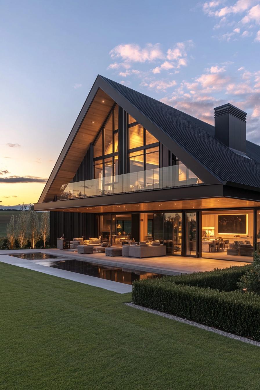 Modern house with A-frame roof and glass facade at sunset